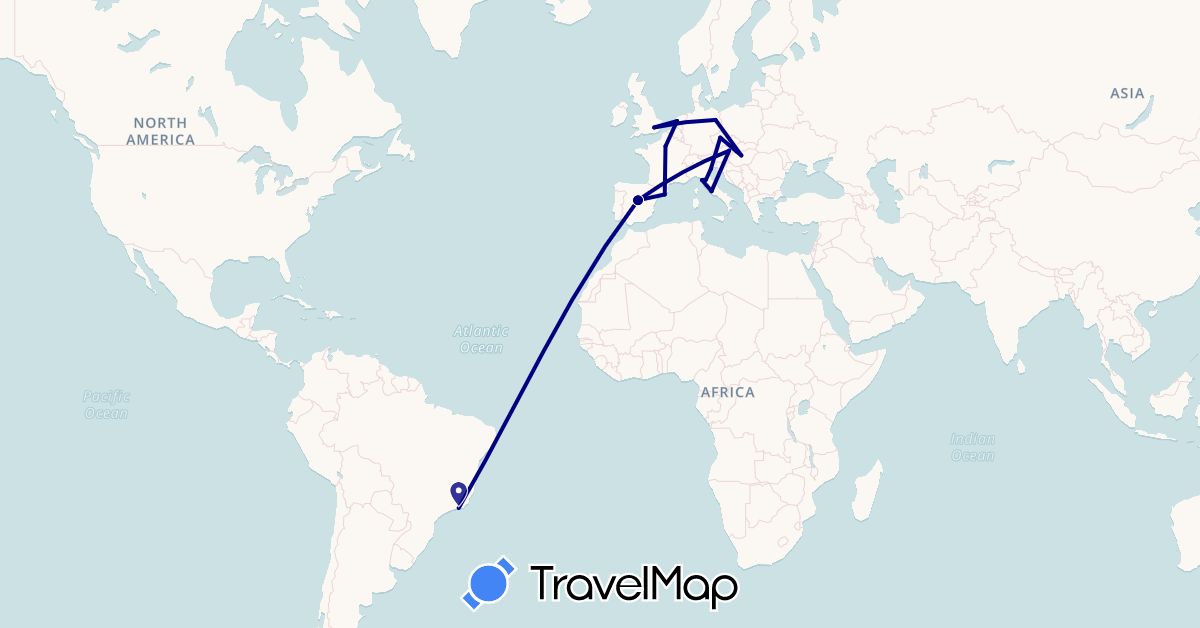 TravelMap itinerary: driving in Austria, Brazil, Czech Republic, Germany, Spain, France, United Kingdom, Hungary, Italy, Netherlands (Europe, South America)